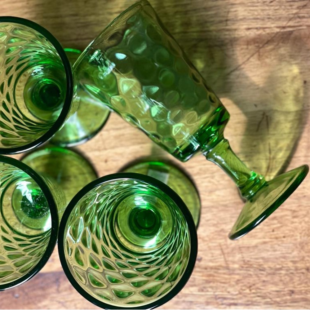 4 vintage stemmed green glassware